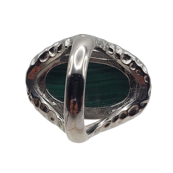 GSJ Large Oval Malachite Cocktail Ring Silver Tone Green Size 9 Stainless Steel - Picture 6 of 7